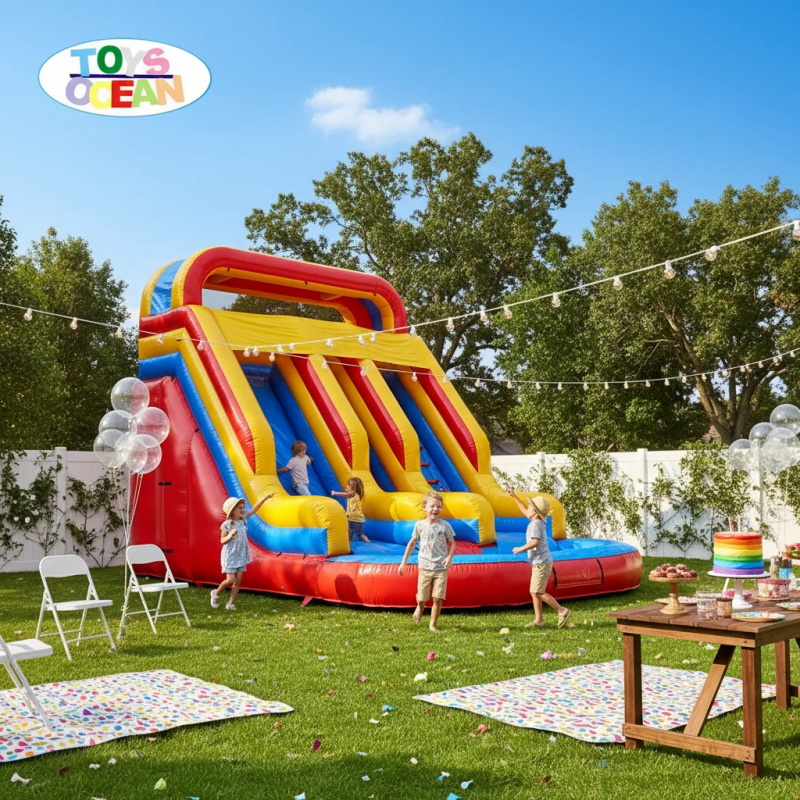 Red Yellow Blue Triple Lane In - Water Slide Inflatable 评论和价格